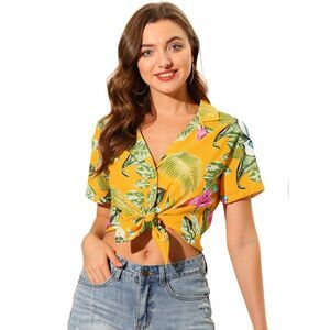 Hawaiian Shirts Floral Top Leaves Print Short Sleeve Tropical Yellow